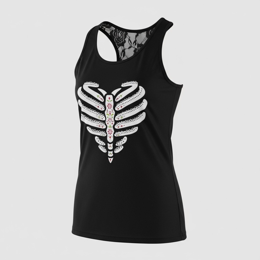 Halloween Skeleton Graphic‎ Goth Spooky Lace Women's Racerback Tank Top - Picture 2 of 6